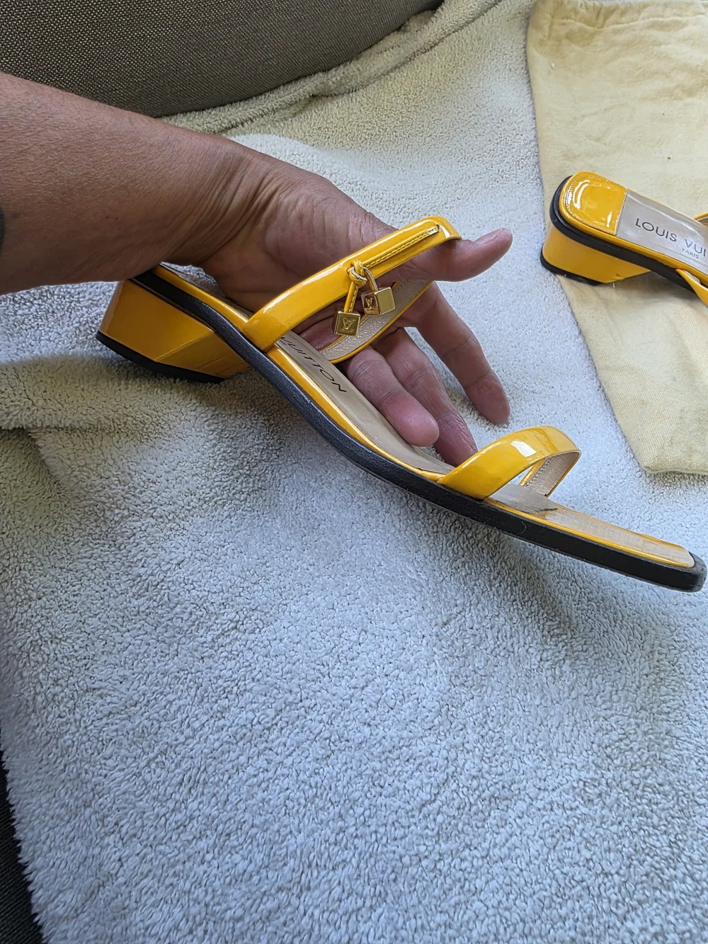 Louis Vuitton Patent Leather Yellow Strappy Square-Toe Sandals Size 37